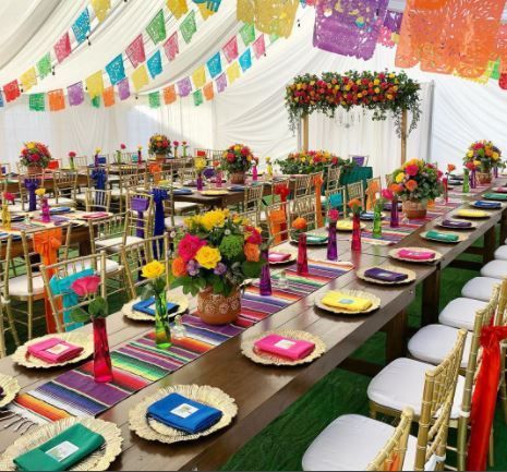 Fiesta Centerpieces Mexican Wedding Table Decor, 70th Birthday Fiesta Theme, Mexican Hacienda Theme Party, Diy Mexican Centerpieces, Encanto Table Decor, Mexican Style Party Decorations, Mexican Wedding Table Settings, Mexican Centerpieces Fiestas, Mexican Table Centerpieces