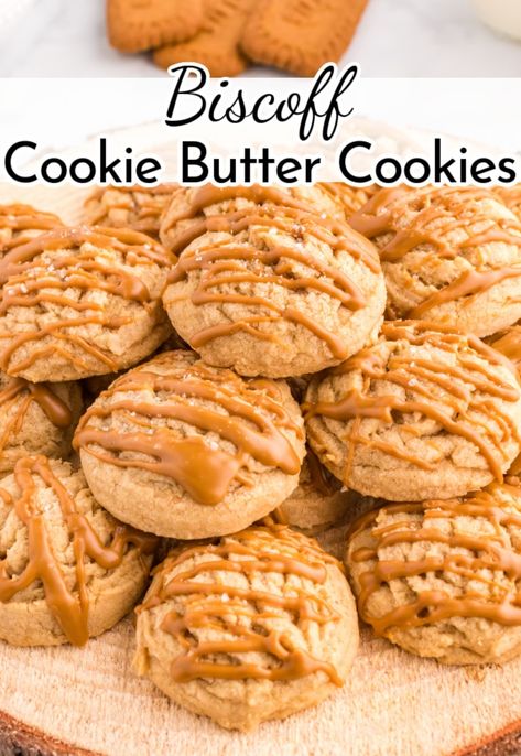 Indulge in the ultimate cookie experience with our Biscoff Cookie Butter Cookies, topped with a drizzle of more cookie butter and a hint of sea salt for that perfect sweet and salty balance! Cookie Butter Lava Cookies, Cookie Butter Filling Recipes, Soft Biscoff Cookie Recipe, Cookies Made With Cookie Butter, Stuffed Cookie Butter Cookies, Bischoff Cookie Recipe, Cookie Butter Dip Recipes, Cookie Butter Drizzle, Easy Cookie Butter Recipes