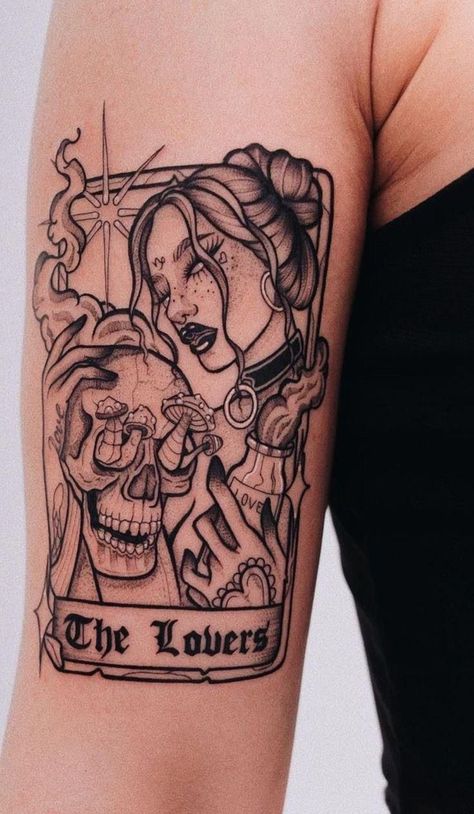 Eternal Lovers Tattoo, Envy Tattoo Design, Tarot Card Tattoo Thigh, Starcrossed Lovers Tattoo, The Lovers Tarot Tattoo, Lovers Card Tattoo, The Lovers Tattoo Design, The Lovers Tarot Card Tattoo, Tarot Card Tattoo Design