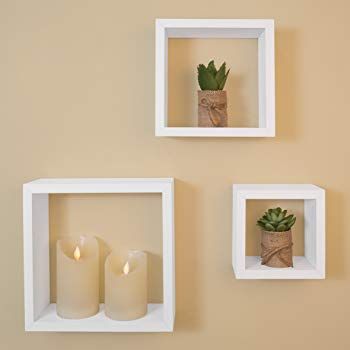 Contemporary Shelf Design, Floating Cube Shelves, Square Floating Shelves, Small Bathroom Shelves, Modern Shelving Units, Navy Blue Decor, White Wall Shelves, Square Shelf, Box Shelves