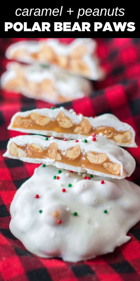 Polar Bear Paws Candy Polar Bear Paw Candy, Polar Bear Candy, The Kitchen Is My Playground Recipes, Polar Bear Paws Candy White Chocolate, Polar Bear Paw Cookies, Polar Bear Candy White Chocolate, White Chocolate Bear Claws, Christmas Candy Using White Chocolate, Diy Toffee Candy