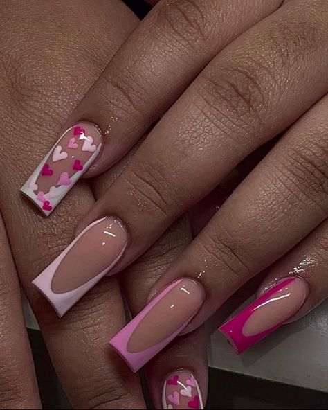 Valentines Nail Set Simple, Valentine’s Day Nails Medium Length, Staleto Nails Short, Cute And Easy Valentines Day Nails, Pink Girlie Nails, Heart Confetti Nails, Vday Nail Designs, Different Design Nails On Each Finger, Small Valentines Nails