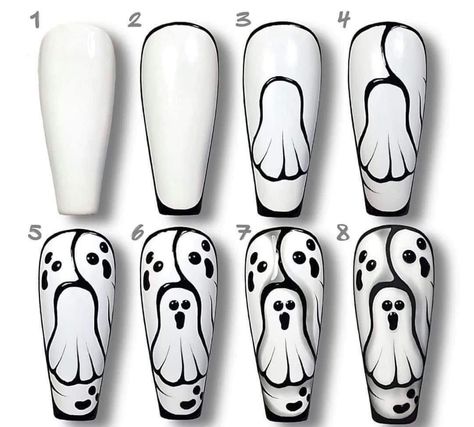 Ghost Nail Art Step By Step, Drawing Ideas For Nails, Nail Drawing Designs, Ongles Halloween, Detailed Portrait, Horror Nails, Halloween Nails Diy, Nail Art Halloween, Holloween Nails