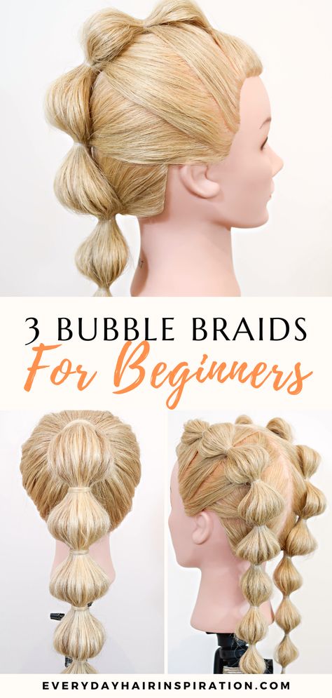 Bubble Braids Bubble Braid To Ponytail, Dinosaur Braid Hairstyles, Bubble Braided Ponytail, How To Do Bubble Braid French Braids, Puffy Braid Ponytail, Bubble Braid Hairstyles How To, Bubble Braid Down The Middle, Bubble Bangs Hairstyle, Dance Braid Hairstyles