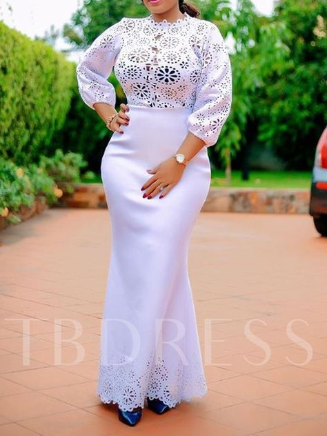 Floor-Length Lace Three-Quarter Sleeve High Waist Women's Dress African White Lace Dress Styles Long, White Gowns Elegant Classy, Dashiki Fashion, Long Fall Dresses, Plus Size Long Dresses, Lace Dress Styles, African Maxi Dresses, African Lace Dresses, White Long Sleeve Dress