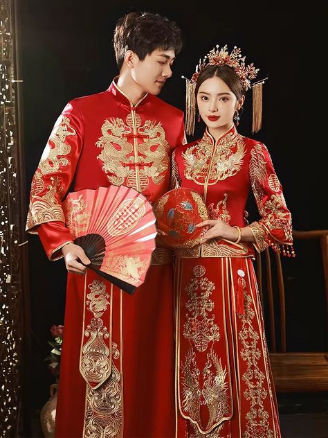 Cheongsam Hanfu Embroidery Dragon Phoenix Chinese Traditional Couple Wedding Suit Cheongsam Elegant Bride Vintage Qipao Dress - AliExpress 200000532 Chinese Prewedding, Chinese Engagement, Chinese Style Wedding Dress, Chinese Wedding Photos, Marriage Suits, Qun Kwa, Chinese Wedding Dress Traditional, Traditional Chinese Wedding, Chinese Wedding Dress