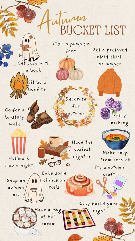 My autumn bucket list for this year. Can't wait to get stuck into some cosy activities!! Bucket List October, Autumn Activities For Adults, Autumn Activity Aesthetic, September Bucket List Ideas, Autumn Activities Aesthetic, Fun Things To Do In Fall, Autumn Bucket List Aesthetic, Fall Bucket List 2024, Fall Lists