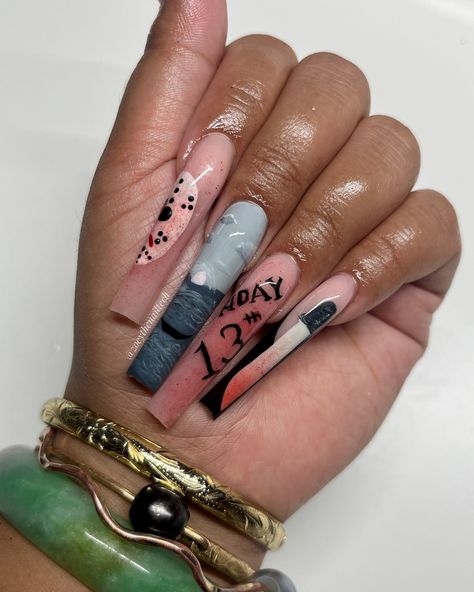 Friday the 13th calls for Jason Voorhees 👻🔪🩸 swipe for the inspoooo using @shopagaloreco 🤎 ultra black slate ultra white ruby red limon code: ZNT to save ♥︎ #nails #halloweennails #fridaythe13th #fallnails Friday The 13th Nails Acrylic, Freddy Vs Jason Nails, Jason Halloween Nails, Jason Voorhees Nails, Jason Nails Halloween, Friday The 13th Nails, Jason Nails, Halloween Jason, Fresh Nails