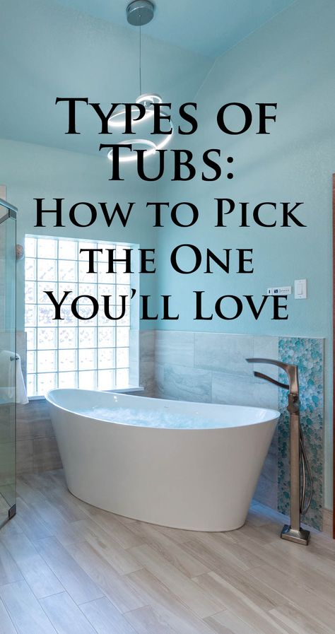 How do you select the perfect bathtub for your home? First, you need to know the types of tubs and what distinctly marks each design’s advantage. Here's everything you need to know to get started! Bath Tub Design Ideas, Toilet Next To Freestanding Tub, Clawfoot Tub Shower Combo Bathroom Ideas, Master Soaking Tub, Rectangle Tub Master Bath, Free Standing Tub Next To Toilet, Shower To Tub Remodel, Stand Up Bathtubs, Modern Bath Tubs