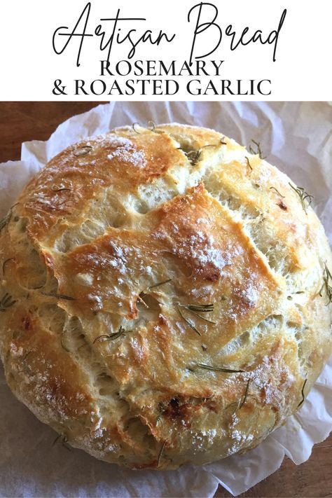 Few things are better than freshly baked bread. And eating it while it’s still warm with delicious pasta or a steaming bowl of soup or stew? The best! This simple no-knead recipe builds on my basic 4-ingredient overnight artisan bread recipe. It’s still super easy to make and requires only a handful of extra ingredients! | #homemadebread #rosemarybread #easybreadrecipe #rusticbread #comfortfood #noknead #overnightbread #rosemary #roastedgarlic #evoo #oliveoil #madefromscratch #artisanbread Roasted Garlic Artisan Bread, Garlic Artisan Bread, Artisan Bread Recipe, Pudding Chia, Homemade Bread Recipes Easy, Artisan Bread Recipes, Dutch Oven Recipes, Bread Machine Recipes, Deilig Mat