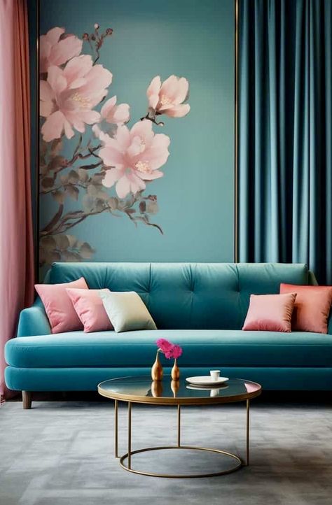 Modern Teal Living Room, Living Room With Teal Sofa, Living Room Teal Sofa, Teal Lounge Ideas, Teal Couch Living Room Decor, Teal Sofa Living Room Color Palettes, Teal Color Palette Living Room, Teal Accent Wall Living Room, Pink And Teal Living Room