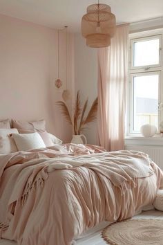 Pink Grey Boho Bedroom, Cream And Light Pink Bedroom, Boho Bedroom Pink Accents, Teen Pink Room, Boho Chic Bedroom Pink, Pink Bedroom Adult, Peach Room Bedroom, Seattle Mansion, Light Pink Bedroom Walls