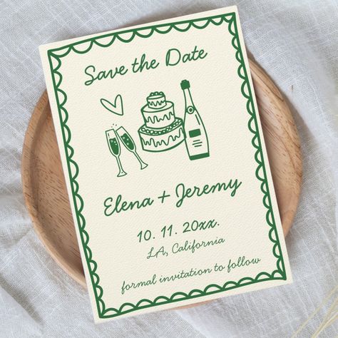 Hand Illustrated Vintage Colorful Green Wedding Save The Date Green Wedding Save The Date, Sabe The Date, Hand Drawn Wedding, Save The Date Designs, Eclectic Wedding, Wedding Illustration, Fun Wedding Invitations, Save The Date Card, Whimsical Wedding