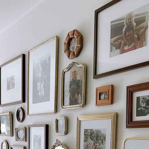 The Athens A-Frame on Instagram: "The gallery wall in the entry way is one of my favorite touches. It’s unusual to hang family pictures in an Airbnb, but this a-frame was never meant to be an impersonal rental. It’s our family’s home-away-from-home too. The wall shows our family history, the places and people that shaped us, in the same way we hope this home becomes part of our kids’ DNA. We wanted people to step in and feel like they are part of the family (Brent jokes that’s why we included a mirror in the gallery. 😂)  I just shared a gallery wall tutorial in my stories for anyone who wants to know the most amazing hack for hanging this many frames!  #gallerywall #gallerywallinspo #gallerywalldecor #entryway #homedesign #homestyle #picturewall #homeimprovement #homeprojects #airbnb #cab Hanging Pictures Down A Hallway, Family Portrait Hanging Ideas, Family Pictures Frame, Staircase Family Photos, Mixed Photo Frames Wall Ideas, Framed Family Photo, Gallery Wall Of Family Photos, Hallway Of Pictures, Gallery Wall With Family Photos And Art