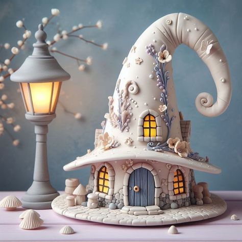 Polymer Clay Modelling, Christmas Decorations Polymer Clay, Fairy Clay Houses, Fairy House Pottery, Pottery Houses Ideas, Clay Houses Diy, Clay Fairy House Diy, Air Dry Clay Houses, Air Dry Clay Fairy House