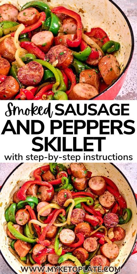 This smoked sausage and peppers skillet is a tasty and speedy meal that's ready in just 30 minutes. It's perfect for a quick and nutritious dinner option. Once you try making this dish, you'll find it's effortless—just prep the ingredients and cook them all together in one skillet. Jalepeno Sausage Meals, Smoked Sausage And Peppers, Sausage Fajitas, Sausage And Peppers Skillet, Turkey Kielbasa Recipes, Kielbasa Sausage Recipes, Nutritious Dinner, Smoked Sausage Recipes, Kielbasa Recipes