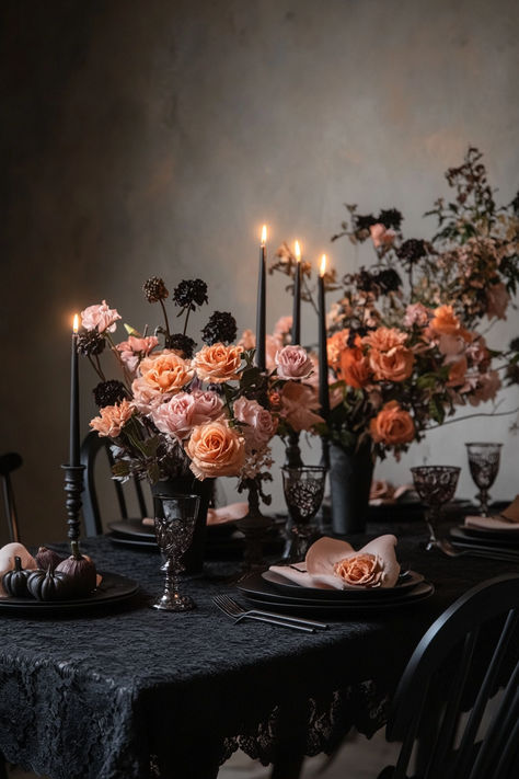 Set the perfect Halloween dinner with black lace tablecloths, gothic candle holders, and eerie centerpieces. Your guests will love this spooky chic vibe! Spooky Elegant Dinner Party, Halloween Candleopera, Fancy Diner Aesthetic, Gothic Lantern Centerpieces, Gothic Chic Halloween Decor, Modern Halloween Party Decor, Halloween Fancy Dinner, Gothic Thanksgiving Decor, Spooky Housewarming Party