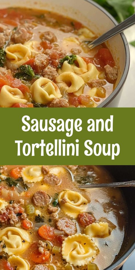 Warm up your evenings with a hearty Sausage and Tortellini Soup! This comforting dish combines savory sausage, tender tortellini, and vibrant vegetables to create a delightful meal that's perfect for family dinners or impressing guests. In just under an hour, you can savor a bowl of rich flavors and nourishing ingredients that will warm both body and soul. Whether you choose sweet or spicy sausage, and add your favorite greens, this customizable recipe is sure to become a staple in your home. Garnish with freshly grated Parmesan for the perfect finishing touch! 🍲🧀 #SoupSeason #ComfortFood #Tortellini Tortellini Sausage Spinach Recipes, Jimmy Dean Sausage Crockpot Recipes, Jimmy Dean Sausage Soup Recipes, Soups For Large Groups, Crock Pot Sausage Tortellini Soup, Sausage Totaling Soup, Sausage And Tortellini Recipes, Tortellini Soup Sausage, Sausage Tortellini Recipes