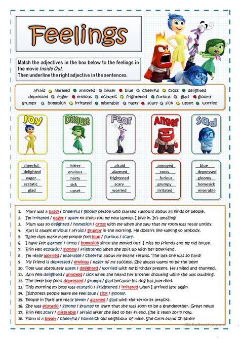 INSIDE OUT - FEELINGS AND EMOTIONS - English ESL Worksheets for distance learning and physical classrooms Frustration Tolerance, Inside Out Emotions, Vocabulary Exercises, Emotions Activities, School Social Work, Therapeutic Activities, Counseling Activities, Child Therapy, Therapy Worksheets