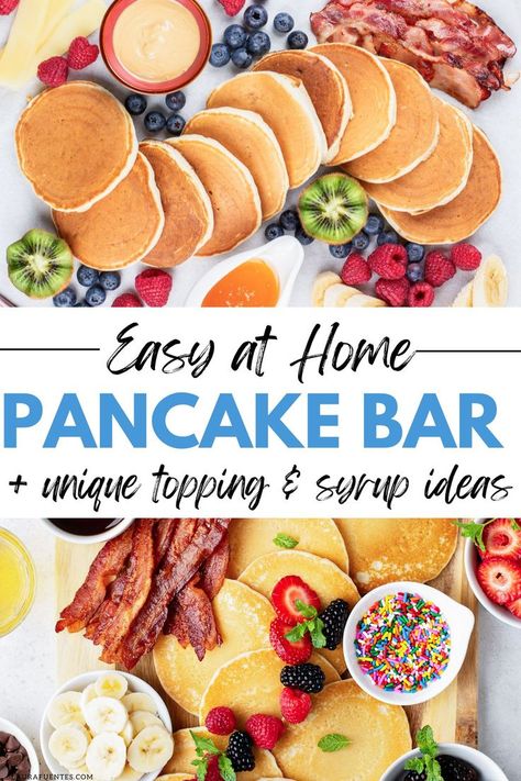 easy at home pancake bar for brunch Breakfast Bar Buffet, Simple Breakfast Bar Ideas, Pancakes Brunch Ideas, Breakfast Birthday Party For Adults, Brunch Ideas For Work Party, Pancake Waffle Bar, Brunch Bday Party Ideas, How To Host A Brunch Party, Hot Breakfast Buffet Ideas