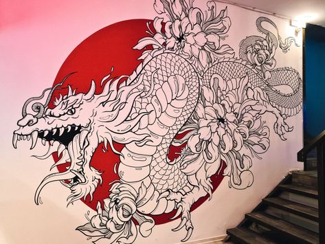 Tattoo Studio Wall Art, Wall Painting Graffiti, Japanese Mural Wall Art, Dragon Wall Painting, Japanese Wall Painting, Mural Painting Ideas, Graffiti Dragon, Japanese Mural, Dragon Mural