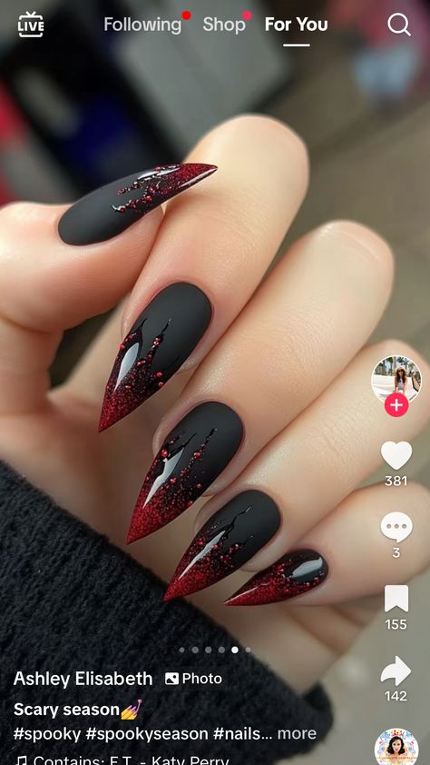 Red Nail Halloween, Nail Red And Black Design, Back Nails Designs, Halloween Blood Nail Art, Black Tip Nails Halloween, Halloween Nail Designs Red And Black, Autumn Nails Halloween, Nails Red Ideas Art Designs, Red Nails For Halloween