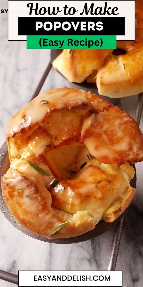 Close up of popovers in a baking tin. Easy Popover Recipe, Popovers Recipes, Brown Rolls, Easy Popovers, Banana Breakfast Recipes, Popover Recipe, Sweet Roll Recipe, Healthy Brunch Recipes, Dessert Recipies