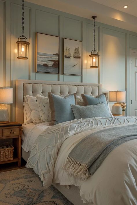 15 Aesthetic Coastal Bedroom Ideas for a Dreamy Retreat 10 Coastal Bedrooms Decor, Bedroom Ideas Blue And White, Blue Theme Bedroom, Coastal Grandma Bedroom, Seaside Bedroom Ideas, Luxury Guest Bedroom, Coastal Theme Bedroom, Beach House Bedrooms, Bedroom Theme Ideas