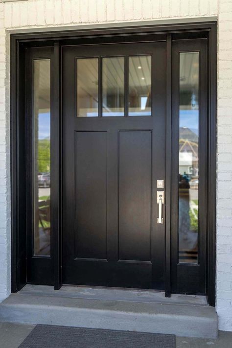 Black Exterior Door With Sidelights, Windows Next To Front Door, Front Door With One Sidelight Entrance, Black Steel Doors Exterior, Entry Doors Design, Side Exterior Door, Windows Around Front Door, Windows By Front Door, Black Front Door With Side Lights