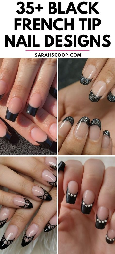 Black And White Tip Acrylic Nails, Black Tie Nail Designs, Nails Acrylic Square Short French Tip, Short Square French Tip Nail Designs, Ombre Black French Tip Nails, Black Tip Dip Nails, Black And Silver French Nails, Black Nail French Tip Designs, Tuxedo Nails French