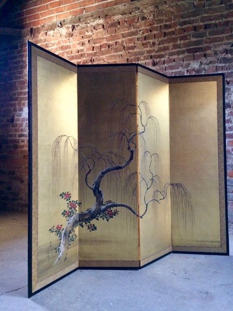 Vintage Room Divider, Japanese Room Divider, Japan Room, Asian Room, Japanese Style Bedroom, Antique Room, Screens Room Dividers, Folding Screen Room Divider, Gold Room