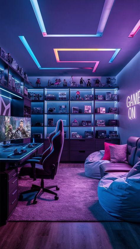 Game Dev Aesthetic, Pc Room Setup, Gaming Room Setup Aesthetic, Kids Gaming Room, Gaming Room Aesthetic, Gaming Room Setup Ideas, Gamer Bedroom Ideas, Gaming Bedroom Ideas, Teen Game Rooms