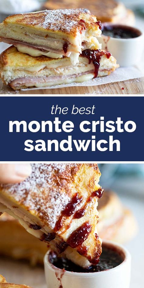 This is the ultimate make at home Monte Cristo Sandwich - with turkey, ham and cheese in a sandwich that is cooked French toast style. If desired, serve with powdered sugar and raspberry jam. It’s a sweet and savory combo that will convert even a skeptic! #sandwich #montecristo #ham #turkey Best Monte Cristo Sandwich Recipe, Monte Cristo Sandwich Recipe, Food Sandwiches, Monte Cristo Sandwich, Best Sandwich Recipes, Turkey Ham, Sandwich Bar, Ham Sandwiches, Resep Diet