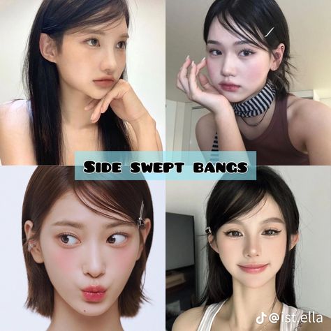 Long Swept Bangs, Side Bangs Inspo, Japanese Oblique Bangs, Side Swept Bangs Tutorial, Asian Side Bangs, Side Bangs Tutorial, Japanese Side Bangs, Style Side Bangs, Long Side Swept Bangs