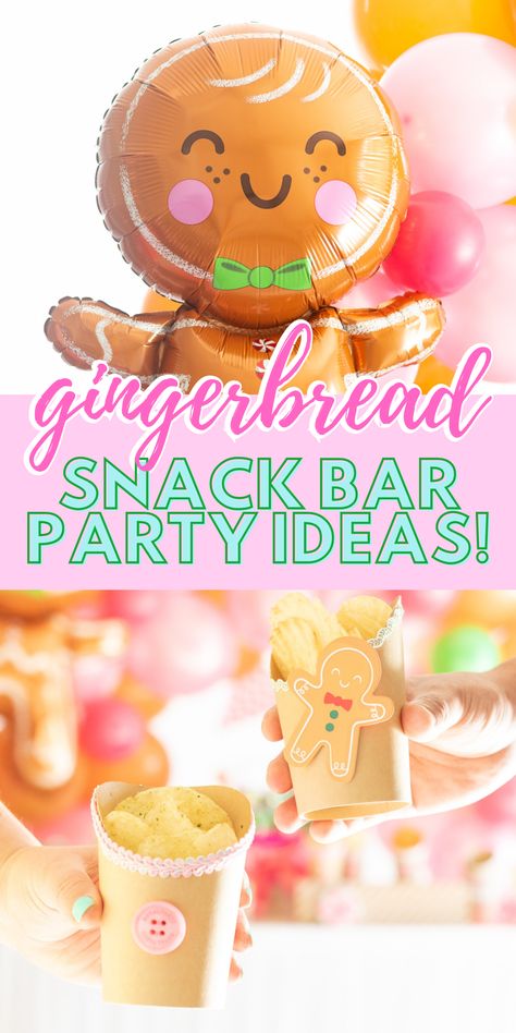 Candyland Theme Snacks, Toddler Gingerbread House Party, Gingerbread Party Ideas For Adults, Christmas School Party Food, Christmas Birthday Party Food Ideas, Gingerbread Cookie Birthday Party, Birthday Party Food Winter, Gingerbread Man Party Decorations, Ginger Bread Birthday Party Ideas