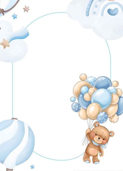 Baby Boy Background Design, Teddy Background, Baby Boy Frame, Teddy Bear With Balloons, Bear Background, Baby Shower Frame, Baby Boy Background, Baby Boy Invitations, Birthday Background Design