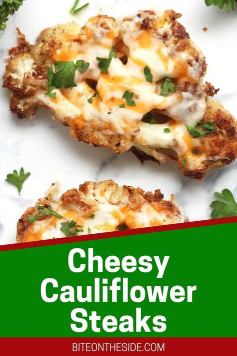 Find cauliflower bland and boring? You have to try these cheesy roasted cauliflower steaks! Super simple to prep, they are a welcome addition to any plate. Perfectly crispy and made with parmesan and cheddar, this is one cauliflower dish you are guaranteed to love! Low carb, keto and gluten-free. Cheesy Roasted Cauliflower, Cauliflower Steaks Recipes, Low Carb Side, Oven Roasted Cauliflower, Roasted Cauliflower Steaks, Roasted Cauliflower Recipes, Keto Side, Cauliflower Dishes, Meatless Recipes