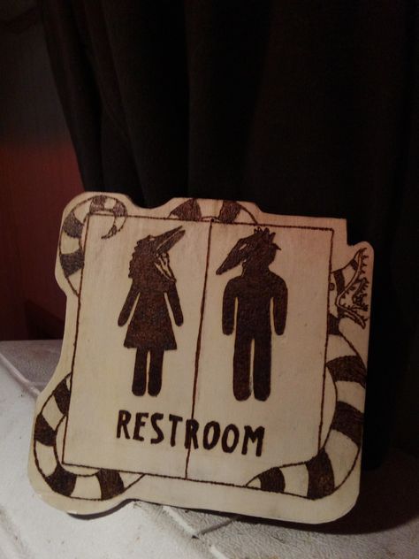 Beetlejuice Bathroom Ideas, Beetlejuice Bathroom, Weird Diy, Bathroom Vibes, Halloween Chalkboard, Beetle Juice, Bathroom Sign, Downstairs Bathroom, Reference Poses