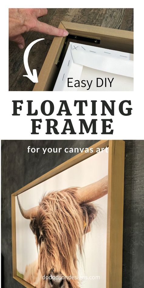 Floating frames are a beautiful way to finish canvas art or photos, but they're so expensive.  Learn how to DIY a floating frame for a fraction of the cost. Canvas With Wood Frame, How To Build Frames For Canvas, Wood Frame Around Canvas, Floating Frames Diy, Wood Framed Canvas, Framing A Canvas Diy, How To Make A Frame For Canvas Art, How To Make Your Own Canvas Frames, Wood Canvas Frame