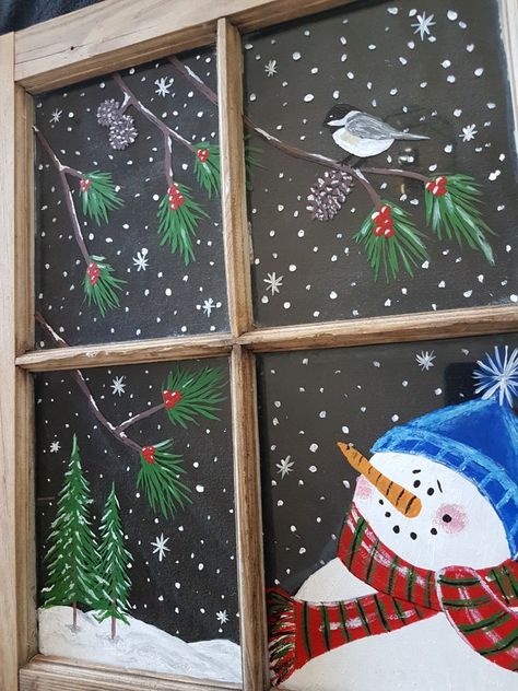 Snowman Window Painting Ideas, Snowman Painted Windows, Old Window Painting Ideas Christmas, Winter Painting On Window, Christmas Window Design Ideas, Old Window Christmas Ideas Diy Projects, Window Holiday Painting, Snowy Window Painting, Christmas Window Art Easy