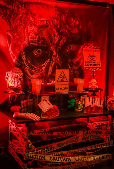 Zombie bar setupBirthday party @amy_isha_hembrow StylingCo-ordinationProps @nextevent.com.au Dessertscakegrazing table @theremustbecake Balloons @lovenwishesstyledevents Signage @veryflamingo.com.au LightingSpecial effects @prestigegroupau goldcoast gc goldcoastevents horror horrorparty styling goldcoaststyling brisbane brisbanestyling event specialevent eventplanning Red Halloween Decorations, Horror Themed Birthday Party Decorations, Halloween Party Aesthetic Grunge, Basement Halloween Party, Horror Party Ideas, Horror Movie Themed Party, Halloween Party Table Setup, Horror Movie Birthday Party, Horror Birthday Party Ideas