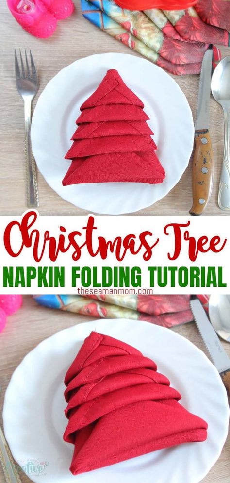 Napkin Christmas Tree, Christmas Napkin Folding Tutorials, Diy Christmas Napkins, Christmas Table Napkins, Creative Napkin Fold, Christmas Tree Napkin Fold, Napkin Christmas, Knives Chau, Napkin Folding Tutorial