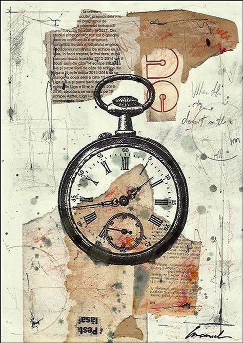 02-Emanuel-M-Ologeanu-Partially-Formed-Dreams-in-Paintings-www-designstack-co Clock Collage, Collage Mixed Media Art, Barn Boards, الفن الرقمي, Wood Barn, Collage Mixed Media, Original Ink Drawing, Wallpaper Collage, Abstract Drawing