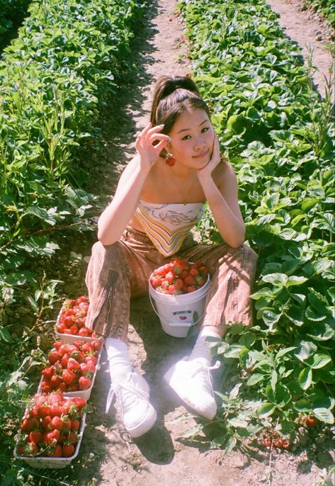 Picking Strawberries Outfit, Strawberry Field Outfit, Strawberry Feild Pic, Strawberry Patch Outfit Ideas, Strawberry Farm Photo Shoot, Holding Strawberry Reference, Outfits For Strawberry Picking, Cherry Picking Photoshoot, Fruit Picking Photoshoot