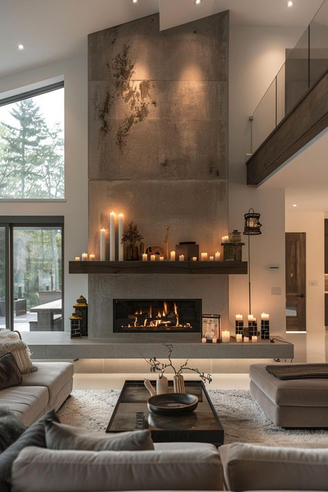 40 Stunning Modern Mantel Decor Ideas for a Beautiful Living Space Wood Fireplace Ideas Modern, Living Room With Concrete Fireplace, Home Chimney Living Rooms, Large House Decor Ideas, 2025 Fireplace Trends, Interior Design Modern Contemporary, Greyish Floor Living Room, Modern Fireplace With Seating Ledge, Long Fireplace Ideas