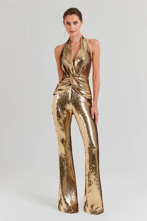 Claudia Winkleman Gold Jumpsuit Strictly Come Dancing Final 2023 Gold Sequin Jumpsuit, Gold Jumpsuit, Sequin Pattern, Halter Neck Jumpsuit, Sequin Halter, Flare Jumpsuit, Sequin Jumpsuit, Bodycon Jumpsuit, Halter Jumpsuit