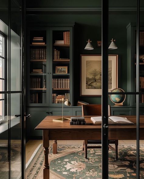 Moody Office Space, Dads Office, Office Design Inspo, Green Home Offices, Moody Office, Studio Workspace, Library Space, Home Office Library, Office Remodel