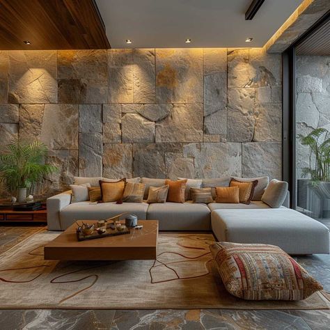 Accentuate Your Living Room with Premium Stone Wall Cladding • 333+ Images • [ArtFacade] Wall Of Stone Living Room, Living Room Designs Stone Wall, Stone Cladding Living Room, Wall Tile Design For Living Room, Tile Living Room Wall, Stone Wall Panels Interiors, Stone Wall Bedroom Ideas, Stone House Living Room, Stone Wall In Living Room