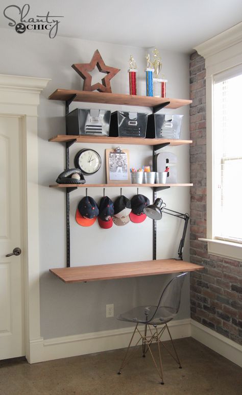 LOVE this desk... So simple and affordable too! www.shanty-2-chic.com Easy Diy Desk, Barn Door Console, Desk Diy, Shanty 2 Chic, Kids Rooms Diy, Teen Boy Bedroom, Ikea Malm, Room Shelves, Room Redo