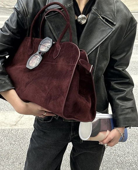 the row, tote bag, quiet luxury fashion, quiet luxury, The Row Margaux Bag Outfit Ideas Burgundy Tights, The Row Bag, Dream Bag, Luxury Bags Collection, Fall Bags, Bag Obsession, Suede Fashion, Fashion Aesthetics, Handbag Heaven